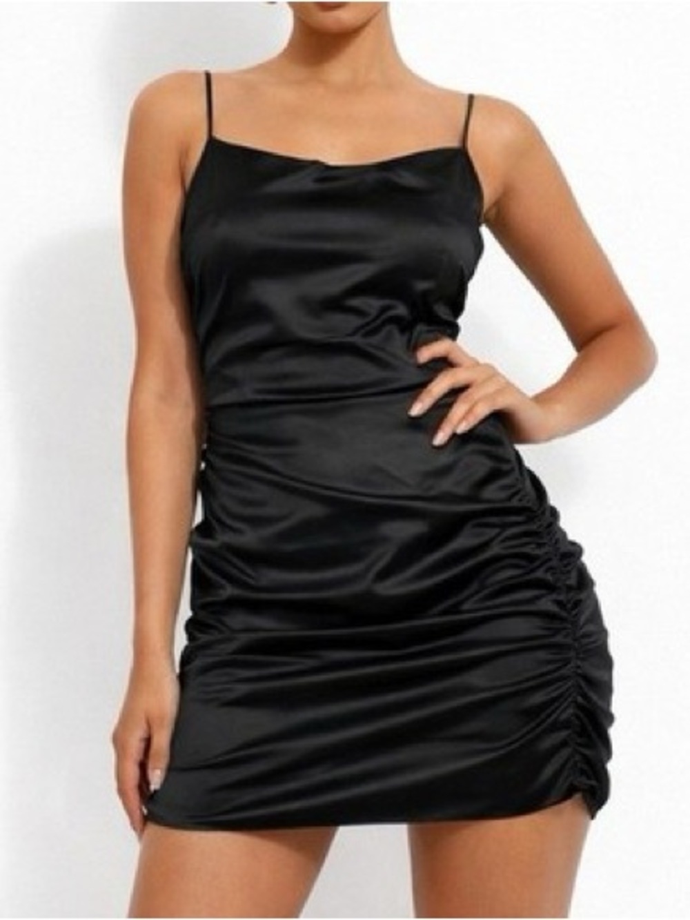 Satin Ruched Mini Dress with Spaghetti Straps - Black - Picture 1 of 3